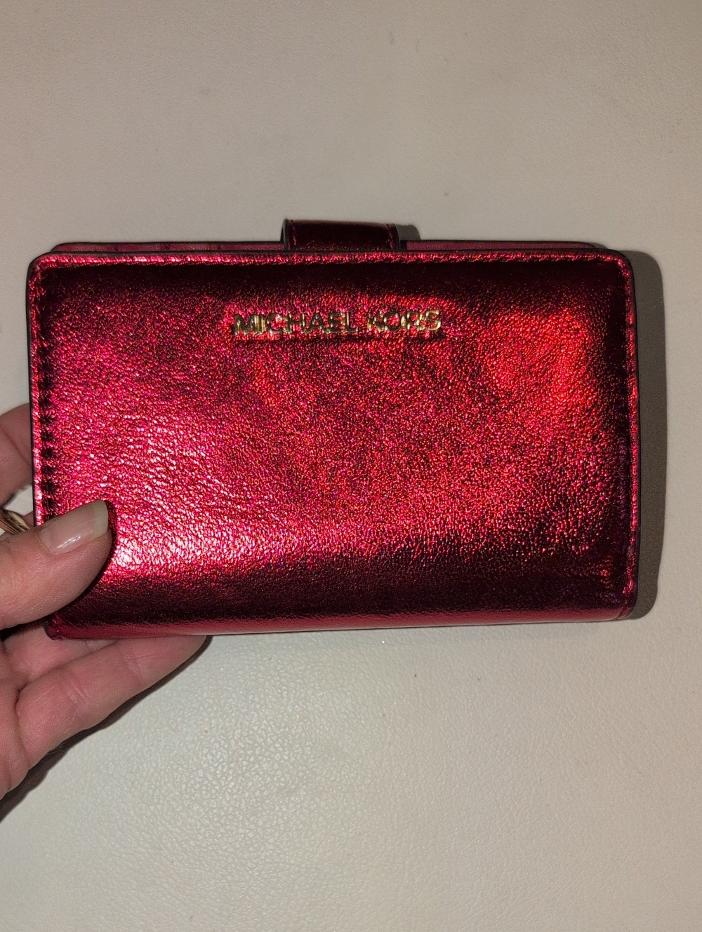 Michael Kors Metallic Scarlet Compact Wallet with Gold Logo
